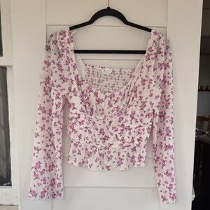 Pink Floral Smocked Long-Sleeve Blouse with Square Neck